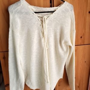 Another Story Women's Cream Tunic Length Sweater with Lace up Back L